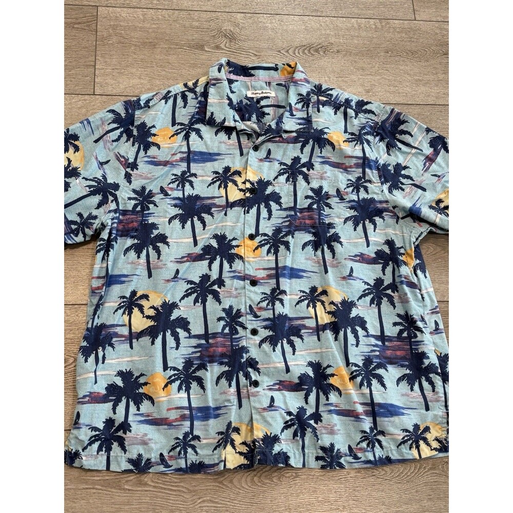 Tommy Bahama Silk Poly Shirt Mens Sz 2XLB Blue‎ Palm Tree AOP Hawaiian Button Up